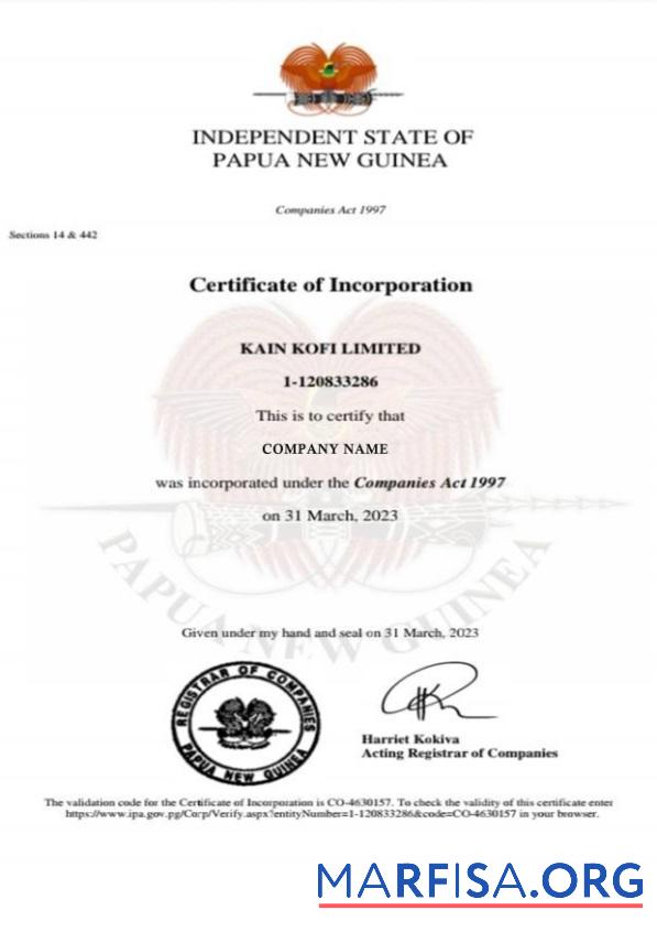 Blank Papua New Guinea Certificate of Incorporation download for verification